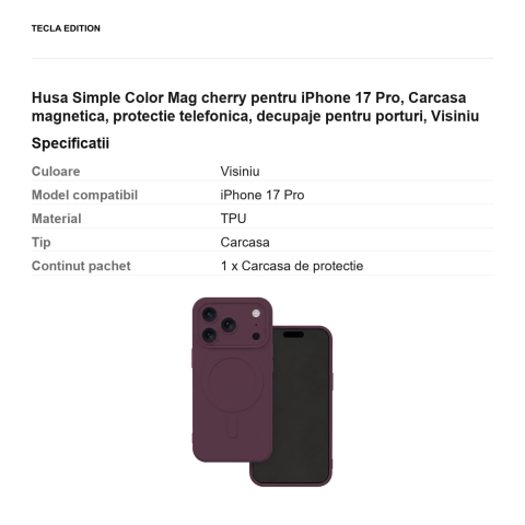 Husa Simple Color Mag cherry pentru iPhone 17 Pro, Carcasa magnetica, protectie telefonica, decupaje pentru porturi, Visiniu [2]