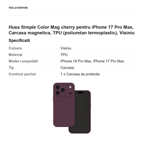 Husa Simple Color Mag cherry pentru iPhone 17 Pro Max, Carcasa magnetica, TPU (poliuretan termoplastic), Visiniu [2]