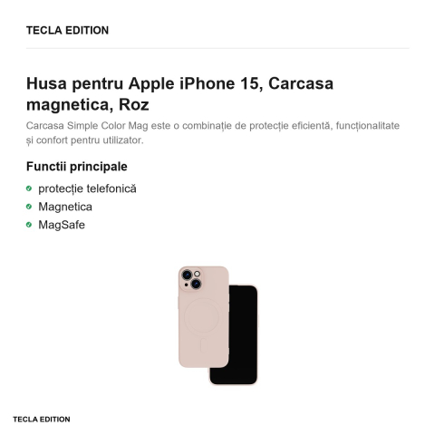 Husa Simple Color Mag pentru Apple iPhone 15, Carcasa magnetica, Roz [1]