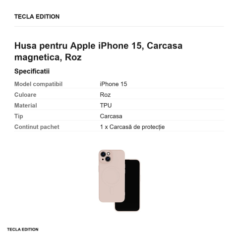 Husa Simple Color Mag pentru Apple iPhone 15, Carcasa magnetica, Roz [2]