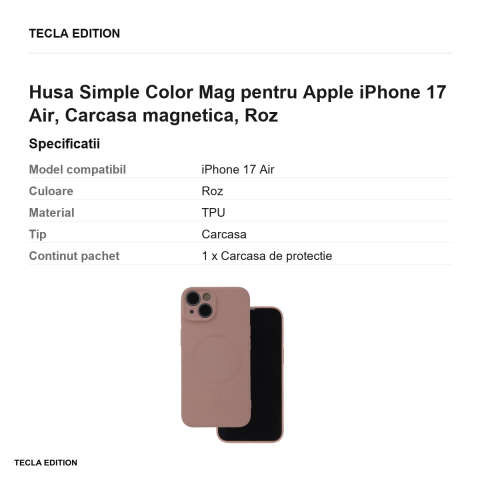 Husa Simple Color Mag pentru Apple iPhone 17 Air, Carcasa magnetica, Roz [2]