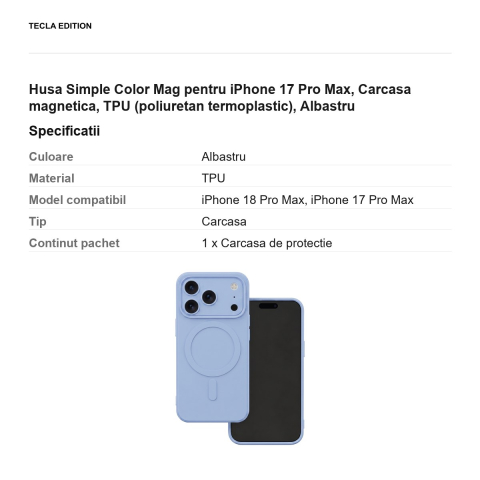 Husa Simple Color Mag pentru iPhone 17 Pro Max, Carcasa magnetica, TPU (poliuretan termoplastic), Albastru [2]