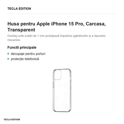 Husa Slim 1 mm pentru Apple iPhone 15 Pro, Carcasa, Transparent [1]