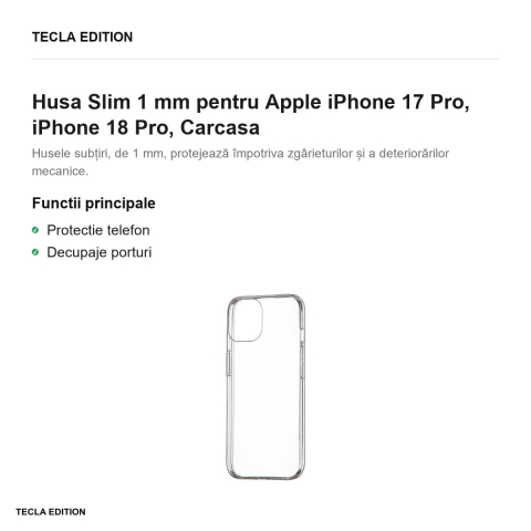 Husa Slim 1 mm pentru Apple iPhone 17 Pro, iPhone 18 Pro, Carcasa, Transparent [1]