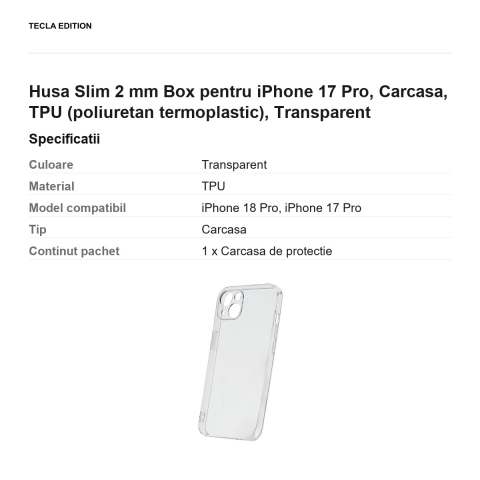 Husa Slim 2 mm Box pentru iPhone 17 Pro, Carcasa, TPU (poliuretan termoplastic), Transparent [2]