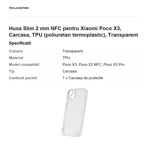 Husa Slim 2 mm NFC pentru Xiaomi Poco X3, Carcasa, TPU (poliuretan termoplastic), Transparent [2]