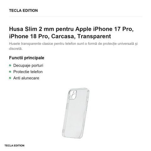 Husa Slim 2 mm pentru Apple iPhone 17 Pro, iPhone 18 Pro, Carcasa, Transparent [1]