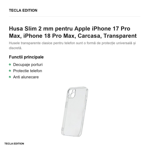 Husa Slim 2 mm pentru Apple iPhone 17 Pro Max, iPhone 18 Pro Max, Carcasa, Transparent [1]