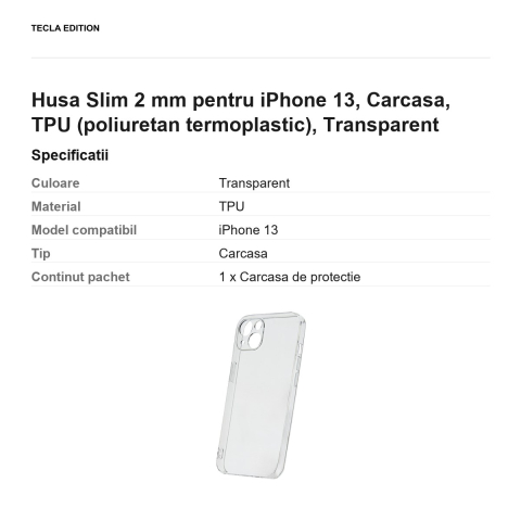 Husa Slim 2 mm pentru iPhone 13, Carcasa, TPU (poliuretan termoplastic), Transparent [2]