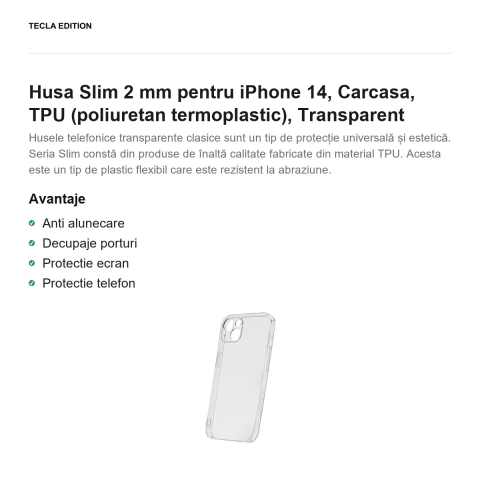 Husa Slim 2 mm pentru iPhone 14, Carcasa, TPU (poliuretan termoplastic), Transparent [1]
