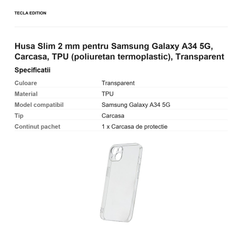 Husa Slim 2 mm pentru Samsung Galaxy A34 5G, Carcasa, TPU (poliuretan termoplastic), Transparent [2]