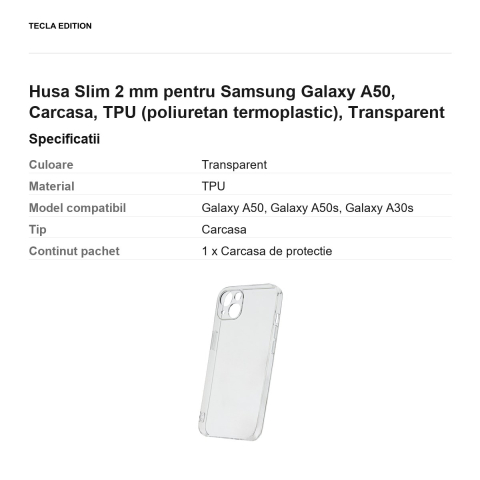 Husa Slim 2 mm pentru Samsung Galaxy A50, Carcasa, TPU (poliuretan termoplastic), Transparent [2]
