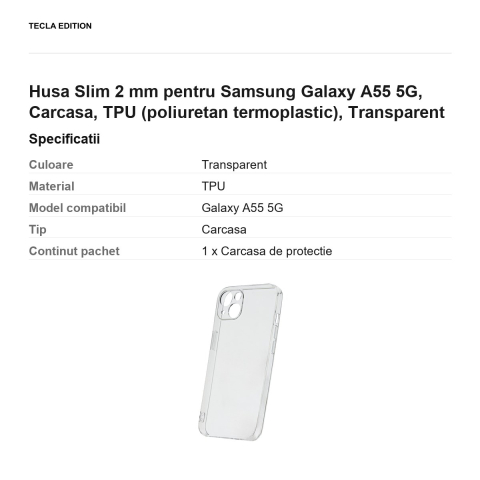Husa Slim 2 mm pentru Samsung Galaxy A55 5G, Carcasa, TPU (poliuretan termoplastic), Transparent [2]