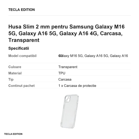 Husa Slim 2 mm pentru Samsung Galaxy M16 5G, Galaxy A16 5G, Galaxy A16 4G, Carcasa, Transparent [2]