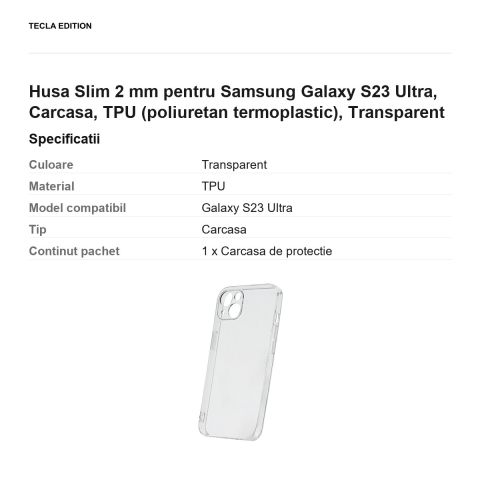 Husa Slim 2 mm pentru Samsung Galaxy S23 Ultra, Carcasa, TPU (poliuretan termoplastic), Transparent [2]