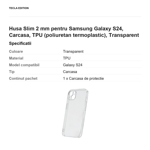Husa Slim 2 mm pentru Samsung Galaxy S24, Carcasa, TPU (poliuretan termoplastic), Transparent [2]