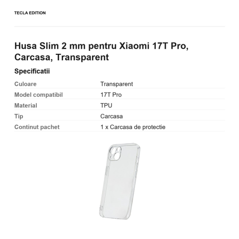 Husa Slim 2 mm pentru Xiaomi 17T Pro, Carcasa, Transparent [2]