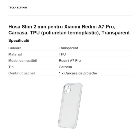 Husa Slim 2 mm pentru Xiaomi Redmi A7 Pro, Carcasa, TPU (poliuretan termoplastic), Transparent [2]
