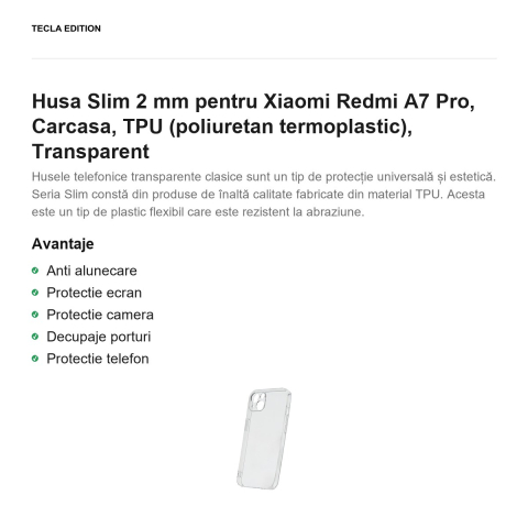 Husa Slim 2 mm pentru Xiaomi Redmi A7 Pro, Carcasa, TPU (poliuretan termoplastic), Transparent [1]