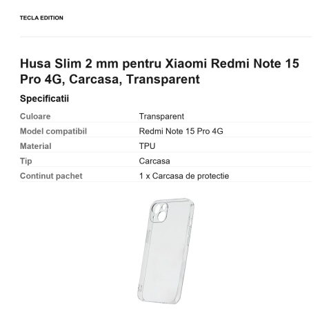 Husa Slim 2 mm pentru Xiaomi Redmi Note 15 Pro 4G, Carcasa, Transparent [2]