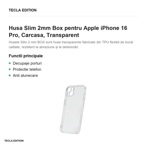Husa Slim 2mm Box pentru Apple iPhone 16 Pro, Carcasa, Transparent [1]
