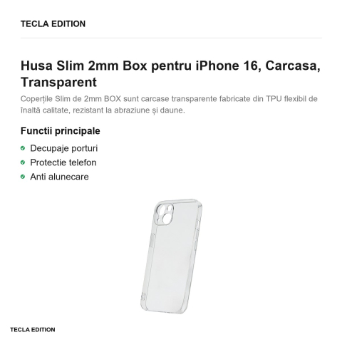 Husa Slim 2mm Box pentru iPhone 16, Carcasa, Transparent [1]