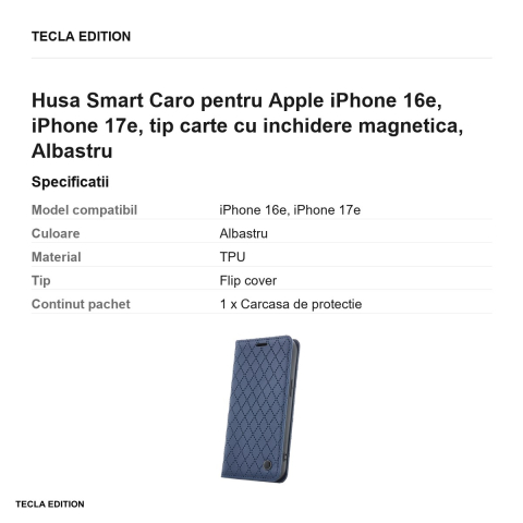 Husa Smart Caro pentru Apple iPhone 16e, iPhone 17e, tip carte cu inchidere magnetica, Albastru [2]
