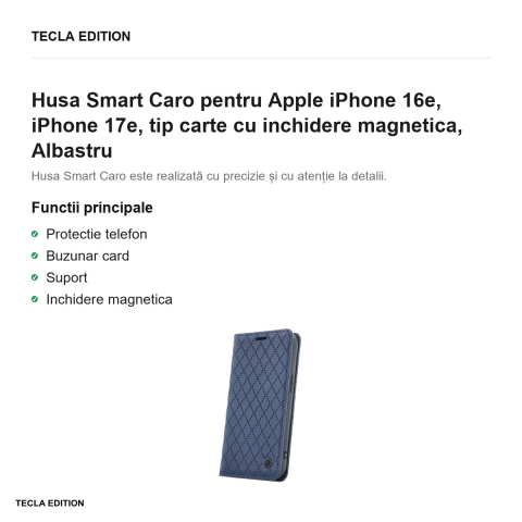 Husa Smart Caro pentru Apple iPhone 16e, iPhone 17e, tip carte cu inchidere magnetica, Albastru [1]