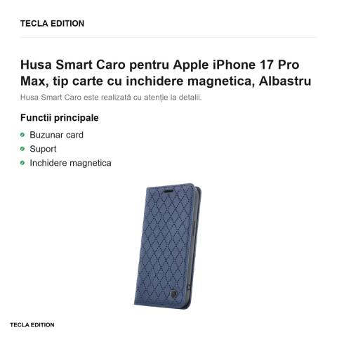 Husa Smart Caro pentru Apple iPhone 17 Pro Max, tip carte cu inchidere magnetica, Albastru [1]