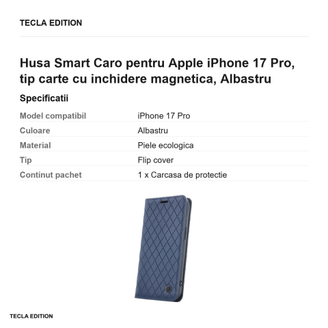 Husa Smart Caro pentru Apple iPhone 17 Pro, tip carte cu inchidere magnetica, Albastru [2]