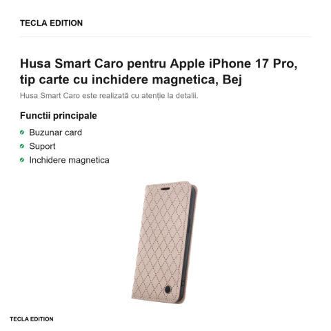 Husa Smart Caro pentru Apple iPhone 17 Pro, tip carte cu inchidere magnetica, Bej [1]