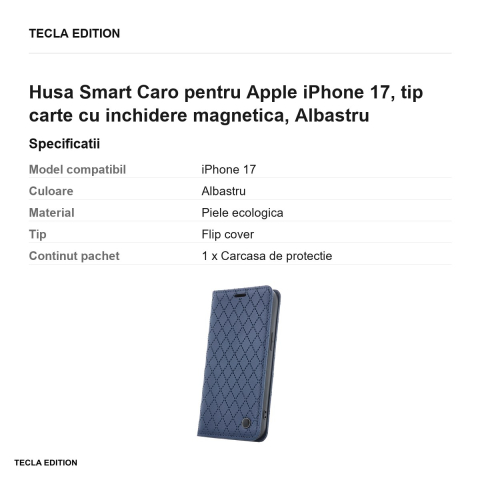 Husa Smart Caro pentru Apple iPhone 17, tip carte cu inchidere magnetica, Albastru [2]