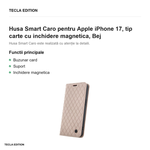 Husa Smart Caro pentru Apple iPhone 17, tip carte cu inchidere magnetica, Bej [1]