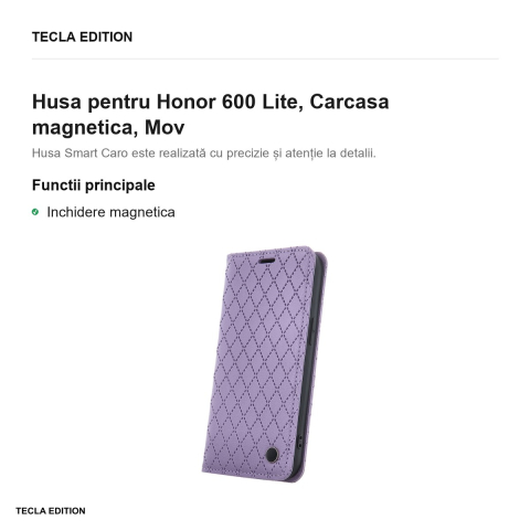 Husa Smart Caro pentru Honor 600 Lite, tip carte cu inchidere magnetica, Mov [1]
