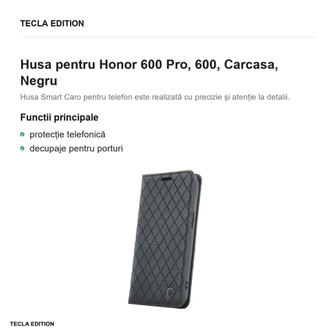 Husa Smart Caro pentru Honor 600 Pro, 600, tip carte, Negru [1]