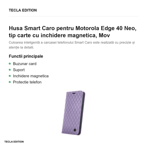Husa Smart Caro pentru Motorola Edge 40 Neo, tip carte cu inchidere magnetica, Mov [1]