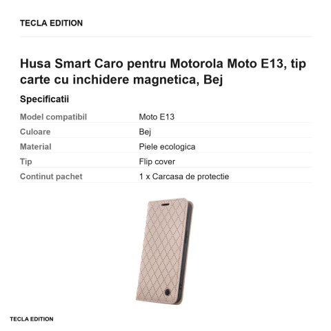 Husa Smart Caro pentru Motorola Moto E13, tip carte cu inchidere magnetica, Bej [2]