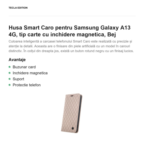 Husa Smart Caro pentru Samsung Galaxy A13 4G, tip carte cu inchidere magnetica, Bej [1]