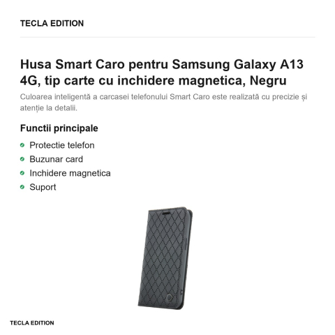Husa Smart Caro pentru Samsung Galaxy A13 4G, tip carte cu inchidere magnetica, Negru [1]