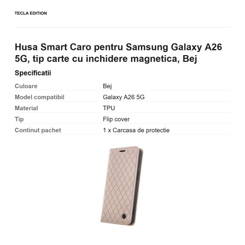 Husa Smart Caro pentru Samsung Galaxy A26 5G, tip carte cu inchidere magnetica, Bej [2]