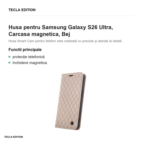 Husa Smart Caro pentru Samsung Galaxy S26 Ultra, tip carte cu inchidere magnetica, Bej [1]