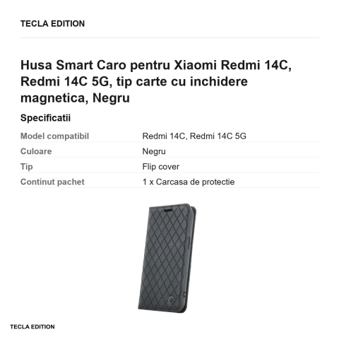 Husa Smart Caro pentru Xiaomi Redmi 14C, Redmi 14C 5G, tip carte cu inchidere magnetica, Negru [2]