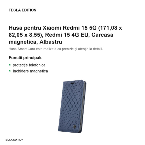 Husa Smart Caro pentru Xiaomi Redmi 15 5G, Redmi 15 4G EU, tip carte cu inchidere magnetica, Albastru [1]
