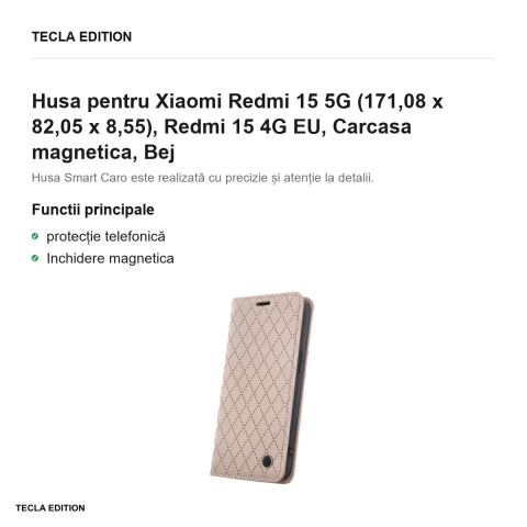 Husa Smart Caro pentru Xiaomi Redmi 15 5G, Redmi 15 4G EU, tip carte cu inchidere magnetica, Bej [1]