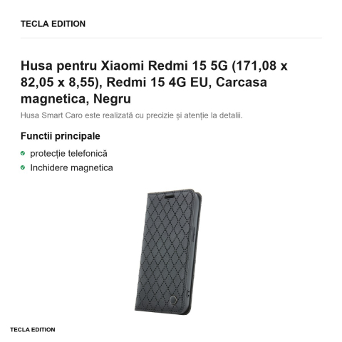 Husa Smart Caro pentru Xiaomi Redmi 15 5G, Redmi 15 4G EU, tip carte cu inchidere magnetica, Negru [1]