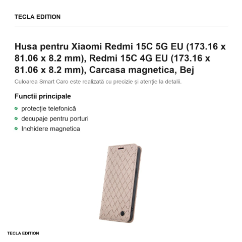 Husa Smart Caro pentru Xiaomi Redmi 15C 5G EU, Redmi 15C 4G EU, tip carte cu inchidere magnetica, Bej [1]