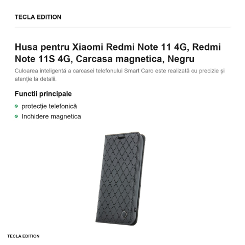 Husa Smart Caro pentru Xiaomi Redmi Note 11 4G, Redmi Note 11S 4G, tip carte cu inchidere magnetica, Negru [1]