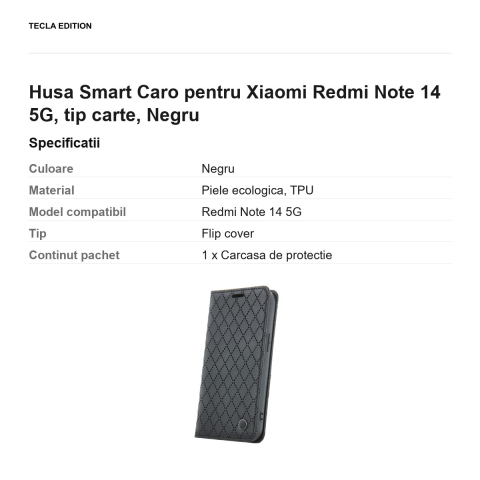 Husa Smart Caro pentru Xiaomi Redmi Note 14 5G, tip carte, Negru [2]