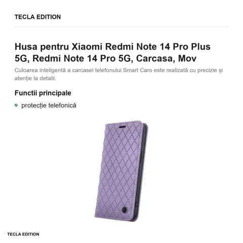 Husa Smart Caro pentru Xiaomi Redmi Note 14 Pro Plus 5G, Redmi Note 14 Pro 5G, tip carte, Mov [1]