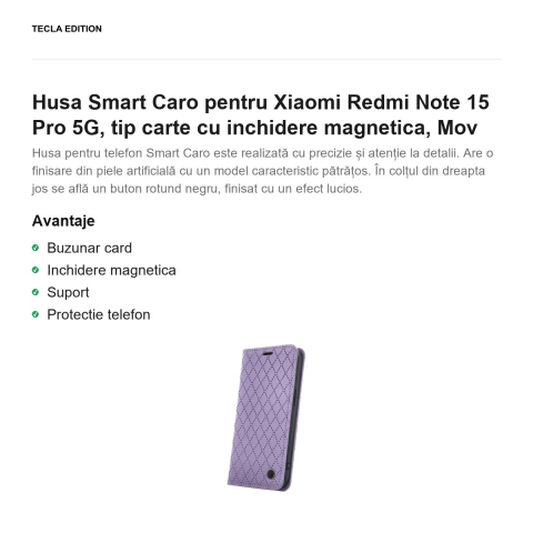 Husa Smart Caro pentru Xiaomi Redmi Note 15 Pro 5G, tip carte cu inchidere magnetica, Mov [1]